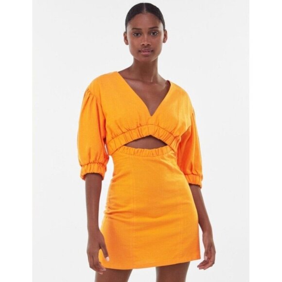 Bershka Dresses & Skirts - Bershka Nwt Cotton/linen Blend Orange Cut Out Mini Dress With Puffer Sleeve $749